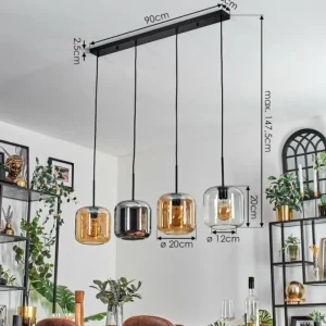 hofstein Lauden Suspension Ambre, Chrome, Clair, 4 lumières* Lampes En Verre