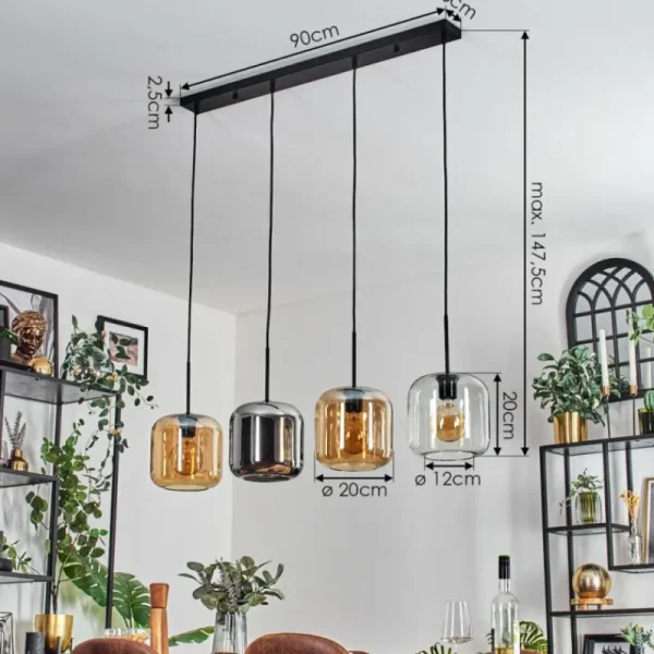 hofstein Lauden Suspension Ambre, Chrome, Clair, 4 lumières* Lampes En Verre