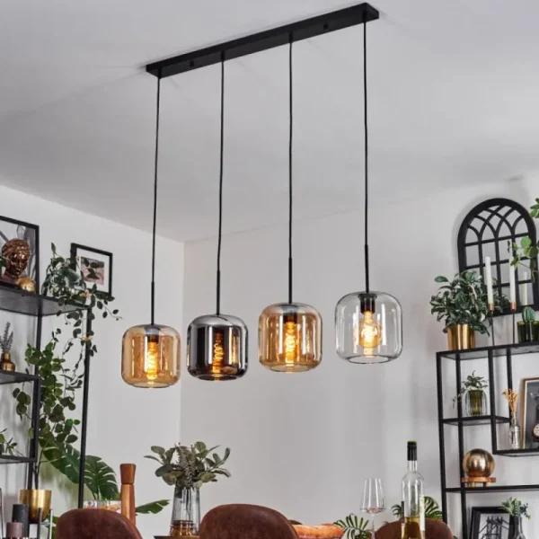 hofstein Lauden Suspension Ambre, Chrome, Clair, 4 lumières* Lampes En Verre