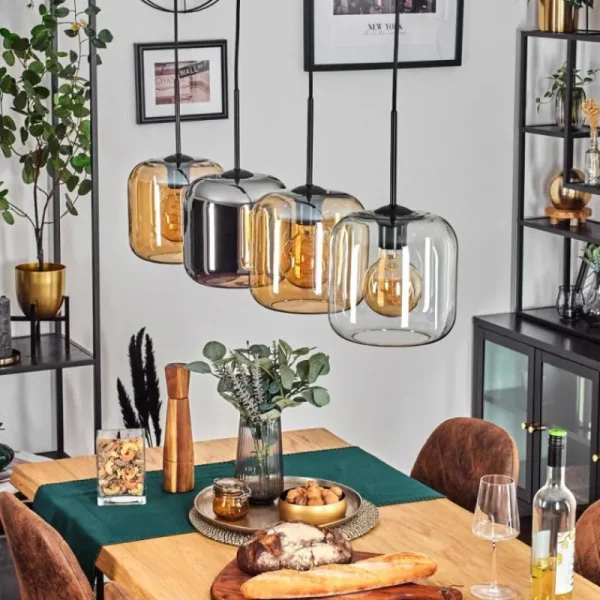 hofstein Lauden Suspension Ambre, Chrome, Clair, 4 lumières* Lampes En Verre