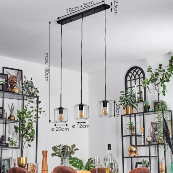 hofstein Lauden Suspension Noir, 3 lumières* Lampes En Verre