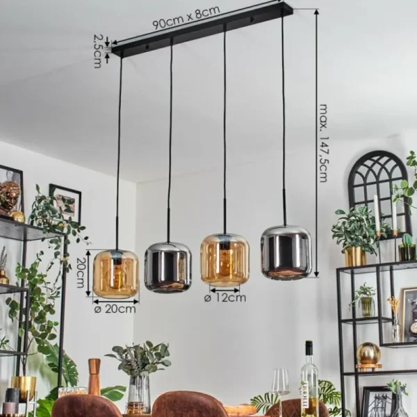 hofstein Lauden Suspension Noir, 4 lumières* Lampes En Verre