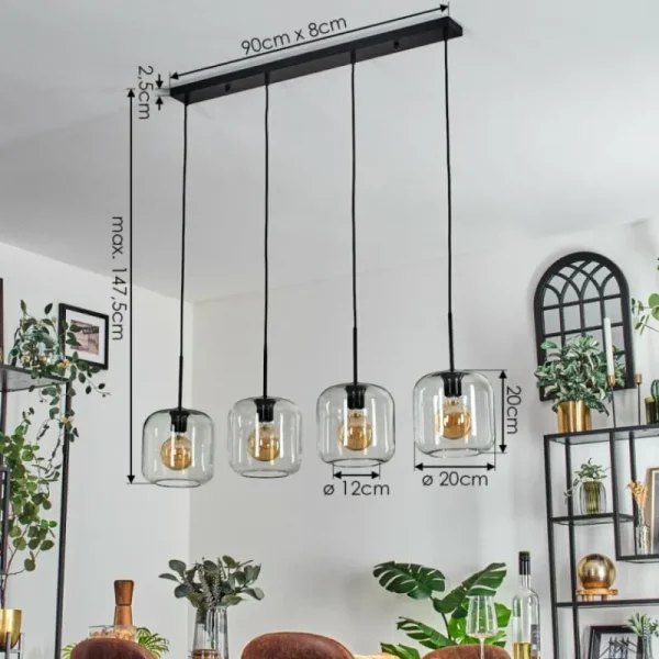 hofstein Lauden Suspension Noir, 4 lumières* Lampes En Verre