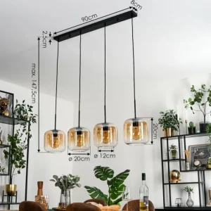 hofstein Lauden Suspension Noir, 4 lumières* Lampes En Verre
