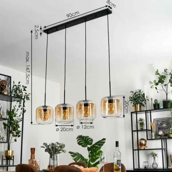 hofstein Lauden Suspension Noir, 4 lumières* Lampes En Verre