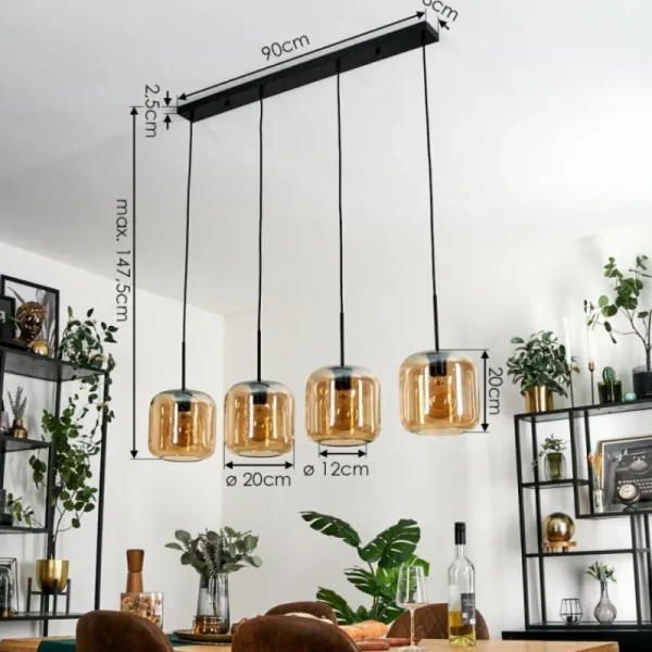 hofstein Lauden Suspension Noir, 4 lumières* Lampes En Verre