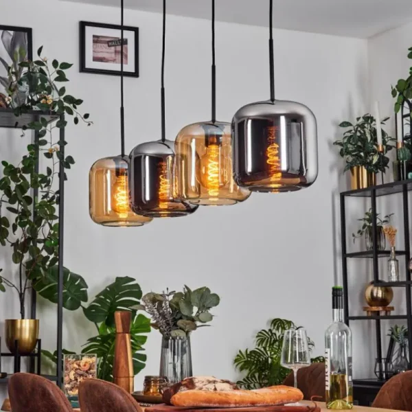 hofstein Lauden Suspension Noir, 4 lumières* Lampes En Verre
