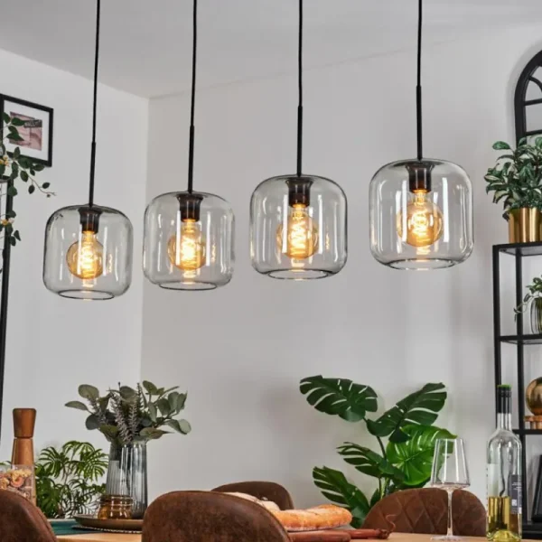 hofstein Lauden Suspension Noir, 4 lumières* Lampes En Verre