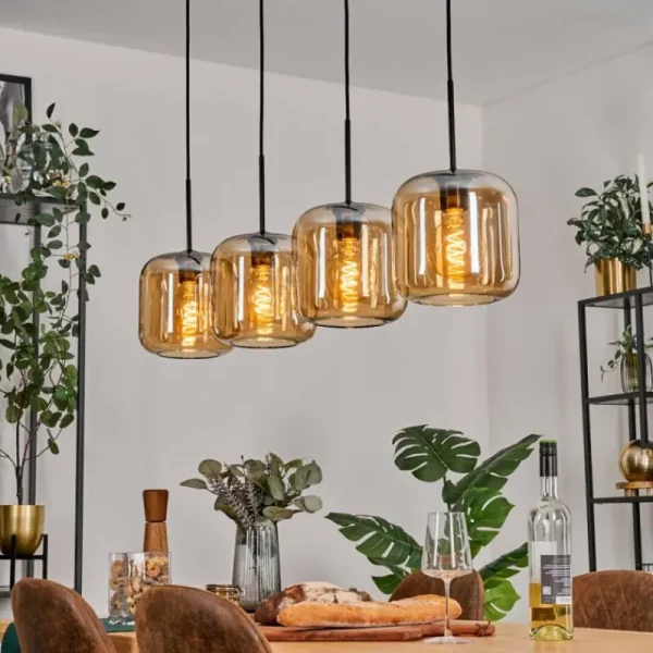hofstein Lauden Suspension Noir, 4 lumières* Lampes En Verre
