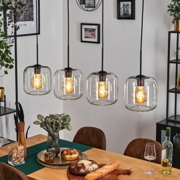 hofstein Lauden Suspension Noir, 4 lumières* Lampes En Verre