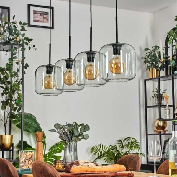 hofstein Lauden Suspension Noir, 4 lumières* Lampes En Verre