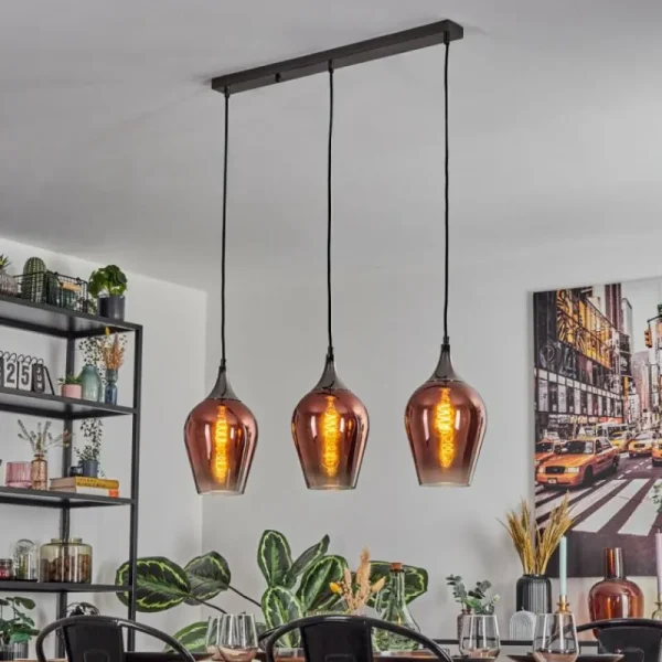 hofstein Lutarp Suspension, Suspension Chrome, Noir, 3 lumières* Lampes En Verre