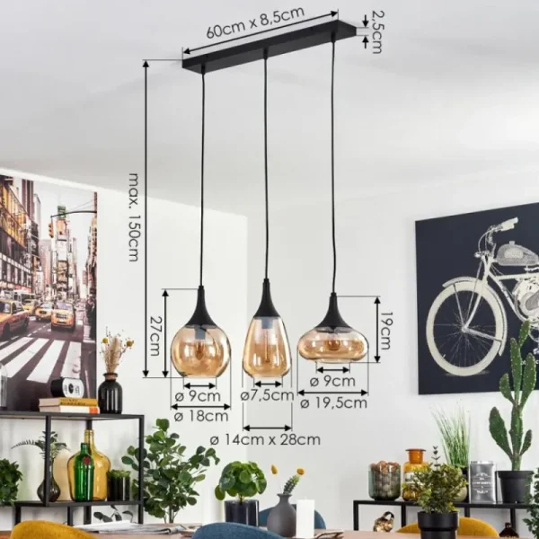 hofstein Maynal Suspension Noir, 3 lumières* Lampes En Verre