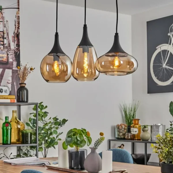 hofstein Maynal Suspension Noir, 3 lumières* Lampes En Verre