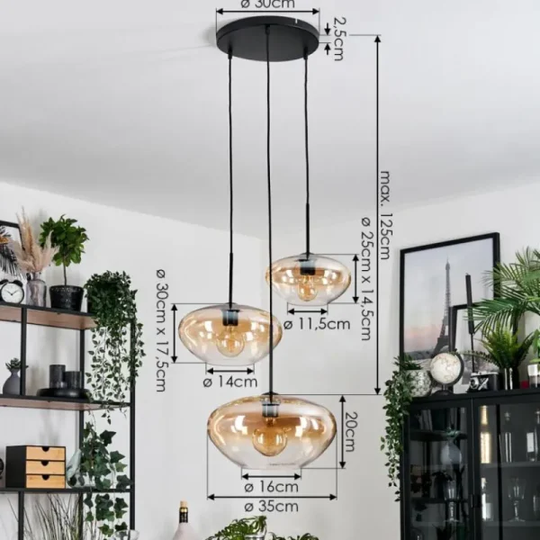 hofstein Mertola Suspension, Boule lumineuse Noir, 3 lumières* Lampes En Verre