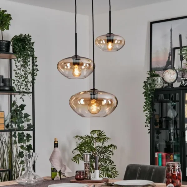 hofstein Mertola Suspension, Boule lumineuse Noir, 3 lumières* Lampes En Verre
