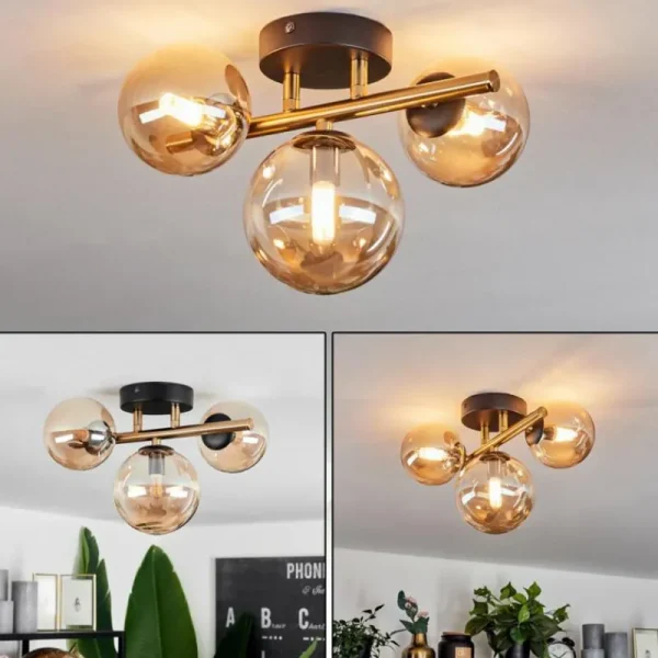 hofstein Plafonnier Chehalis LED Laiton, Noir, 3 lumières* Lampes En Verre