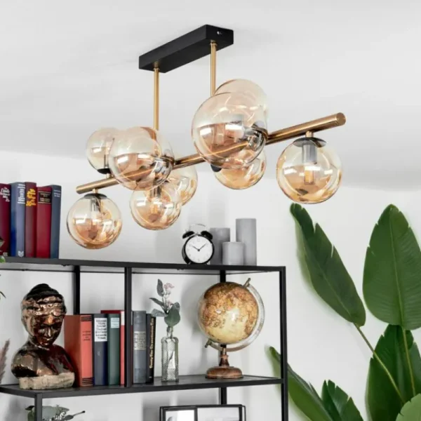 hofstein Plafonnier Chehalis LED Laiton, Noir, 9 lumières* Lampes En Verre