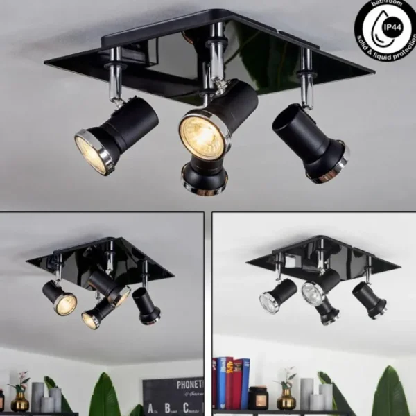 hofstein Plafonnier Lanrigan Chrome, Noir, 4 lumières* Lampes En Verre