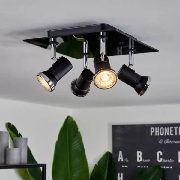 hofstein Plafonnier Lanrigan Chrome, Noir, 4 lumières* Lampes En Verre