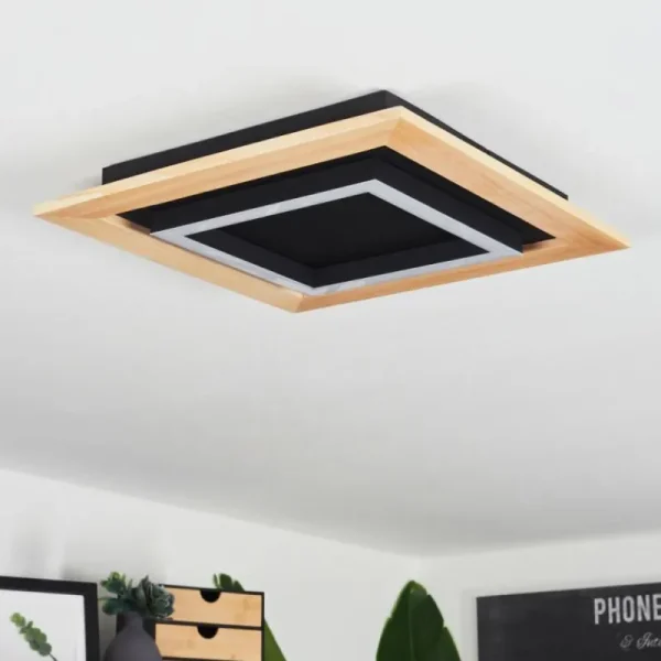 hofstein Plafonnier Tojeirinha LED Bois clair, Noir, 1 lumière, Télécommandes* Lampes Modernes