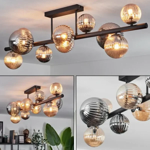 hofstein Plafonnier - Verre 10 cm, 12 cm, 15 cm Chehalis Ambre, Fumé, 10 lumières* Lampes Modernes