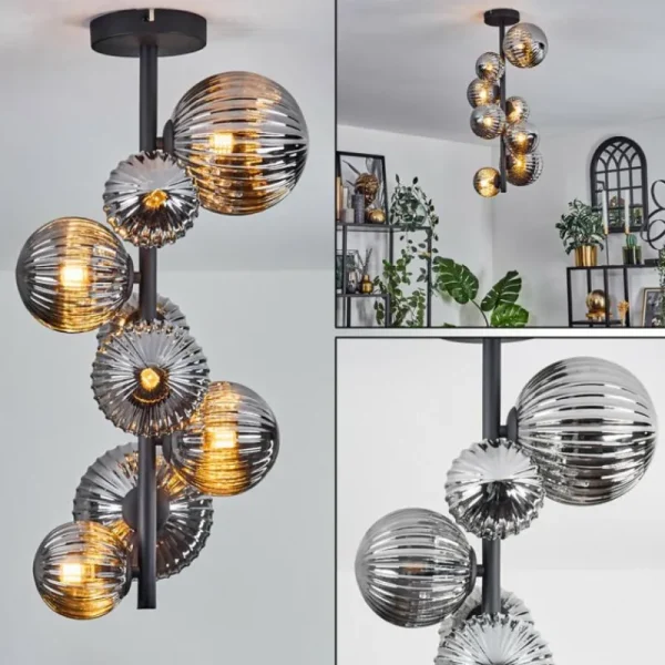 hofstein Plafonnier - Verre 10 cm, 12 cm, 15 cm Chehalis Fumé, 8 lumières* Lampes Modernes
