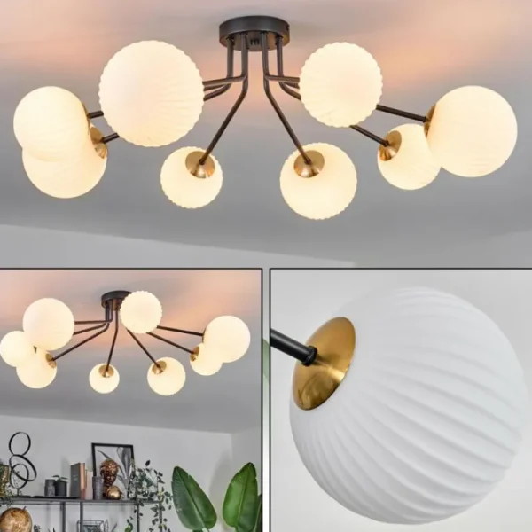 hofstein Plafonnier - Verre 12 cm, 15 cm Chehalis Or, Noir, 8 lumières* Lampes En Verre