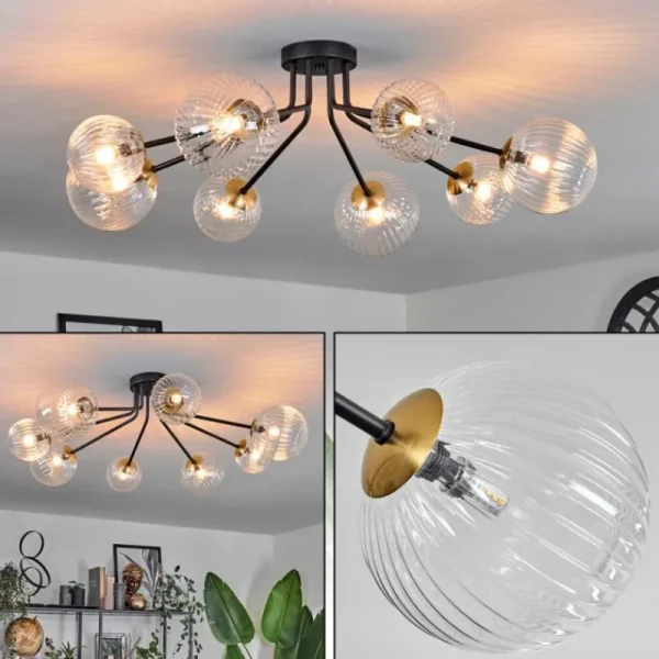 hofstein Plafonnier - Verre 12 cm, 15 cm Chehalis Or, Noir, 8 lumières* Lampes En Verre