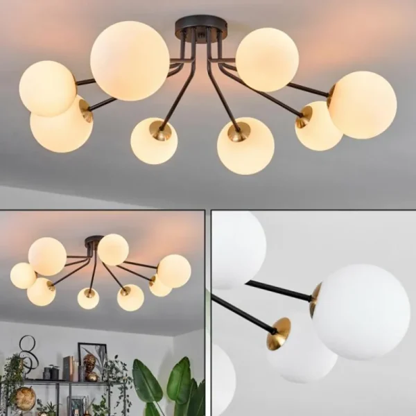 hofstein Plafonnier - Verre 12 cm, 15 cm Chehalis Or, Noir, 8 lumières* Lampes En Verre