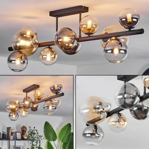 hofstein Plafonnier - Verre 10 cm, 12 cm, 15 cm Chehalis Ambre, Clair, Fumé, 10 lumières* Lampes Modernes