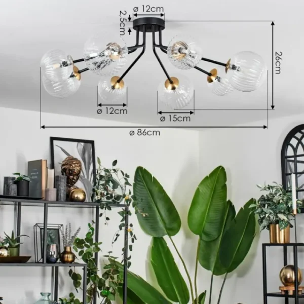 hofstein Plafonnier - Verre 12 cm, 15 cm Chehalis Or, Noir, 8 lumières* Lampes En Verre