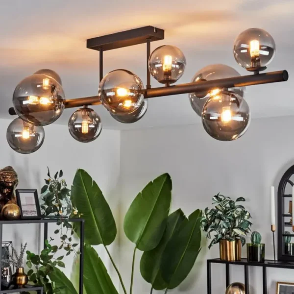 hofstein Plafonnier - Verre 10 cm, 12 cm, 15 cm Chehalis Fumé, 10 lumières* Lampes Modernes