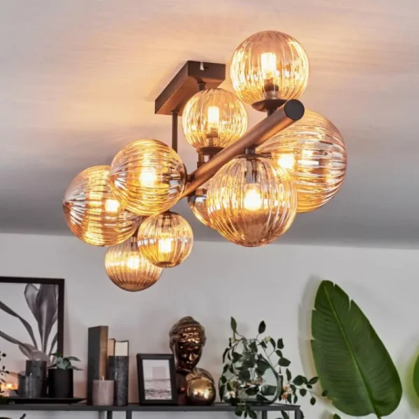 hofstein Plafonnier - Verre 10 cm, 12 cm, 15 cm Chehalis Ambre, 10 lumières* Lampes Modernes