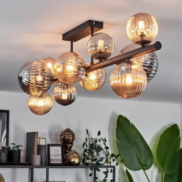 hofstein Plafonnier - Verre 10 cm, 12 cm, 15 cm Chehalis Ambre, Fumé, 10 lumières* Lampes Modernes
