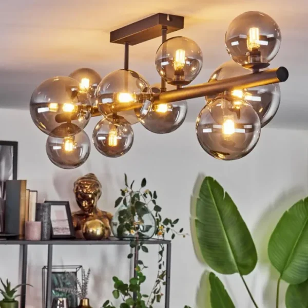 hofstein Plafonnier - Verre 10 cm, 12 cm, 15 cm Chehalis Fumé, 10 lumières* Lampes Modernes