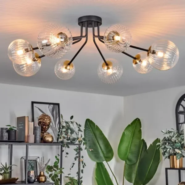 hofstein Plafonnier - Verre 12 cm, 15 cm Chehalis Or, Noir, 8 lumières* Lampes En Verre