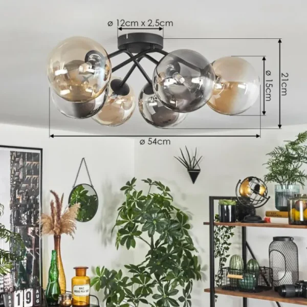hofstein Plafonnier - Verre 15 cm Chehalis Ambre, Clair, Fumé, 6 lumières* Lampes Modernes