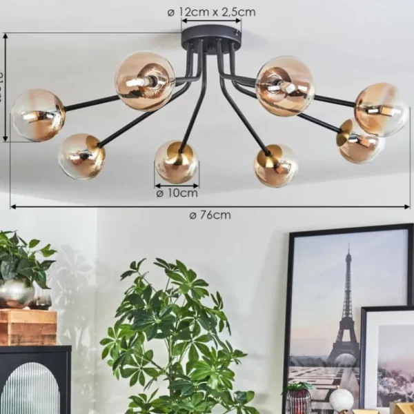 hofstein Plafonnier - Verre 10 cm Chehalis Or, Noir, 8 lumières* Lampes En Verre