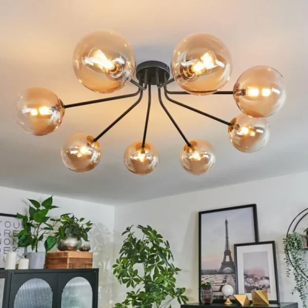 hofstein Plafonnier - Verre 15 cm Chehalis Or, Noir, 8 lumières* Lampes En Verre