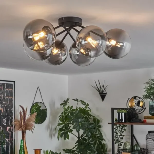 hofstein Plafonnier - Verre 15 cm Chehalis Clair, Fumé, 6 lumières* Lampes Modernes