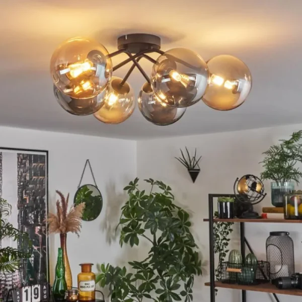 hofstein Plafonnier - Verre 15 cm Chehalis Ambre, Fumé, 6 lumières* Lampes Modernes