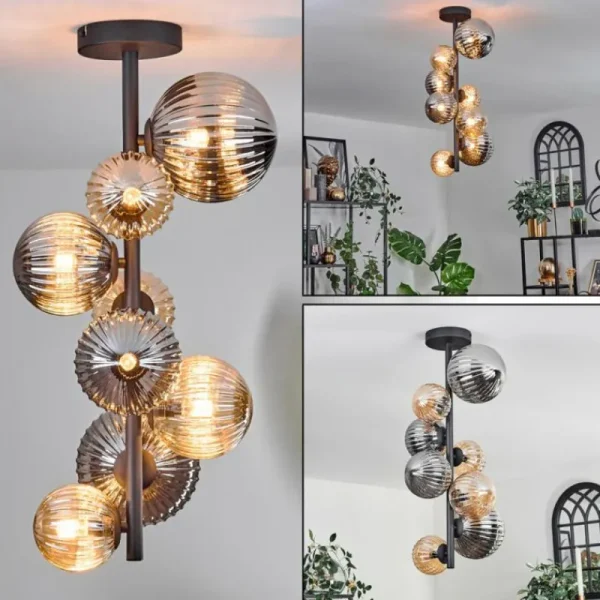 hofstein Plafonnier - Verre 10 cm, 12cm, 15cm Chehalis Ambre, Fumé, 8 lumières* Lampes Modernes