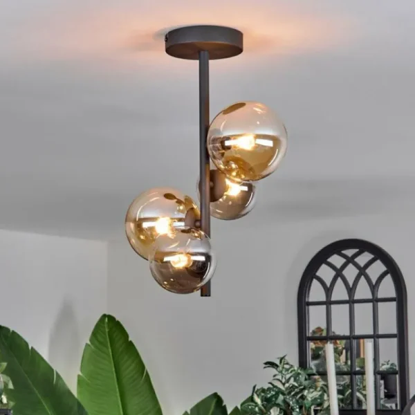 hofstein Plafonnier - Verre 10 cm, 12cm Chehalis Ambre, Fumé, 4 lumières* Lampes Modernes