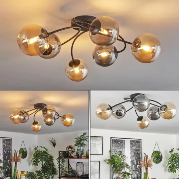 hofstein Plafonnier - Verre Chehalis Ambre, Fumé, 6 lumières* Lampes Modernes