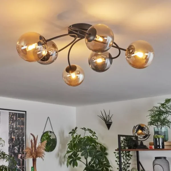 hofstein Plafonnier - Verre Chehalis Ambre, Fumé, 6 lumières* Lampes Modernes