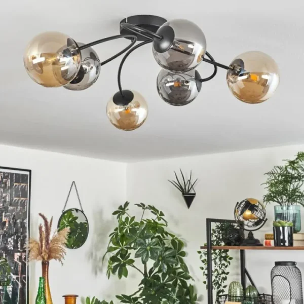 hofstein Plafonnier - Verre Chehalis Ambre, Fumé, 6 lumières* Lampes Modernes
