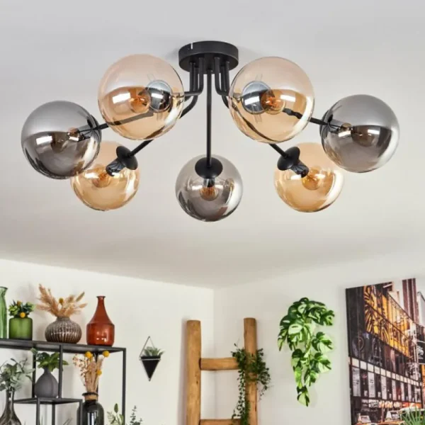 hofstein Plafonnier - Verre Gastor Ambre, Fumé, 7 lumières* Lampes Modernes