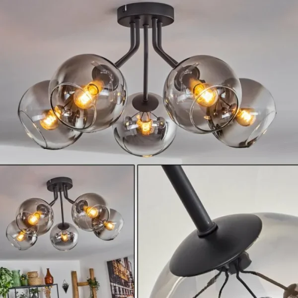 hofstein Plafonnier - Verre Koyoto Clair, Fumé, 5 lumières* Lampes Modernes