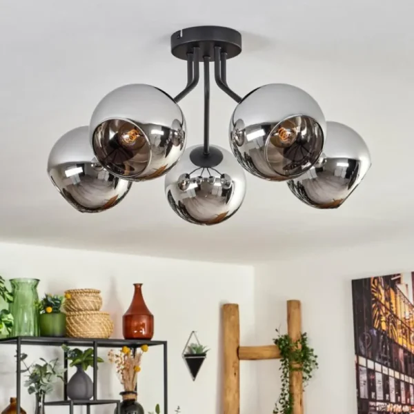 hofstein Plafonnier - Verre Koyoto Chrome, Fumé, 5 lumières* Lampes Modernes